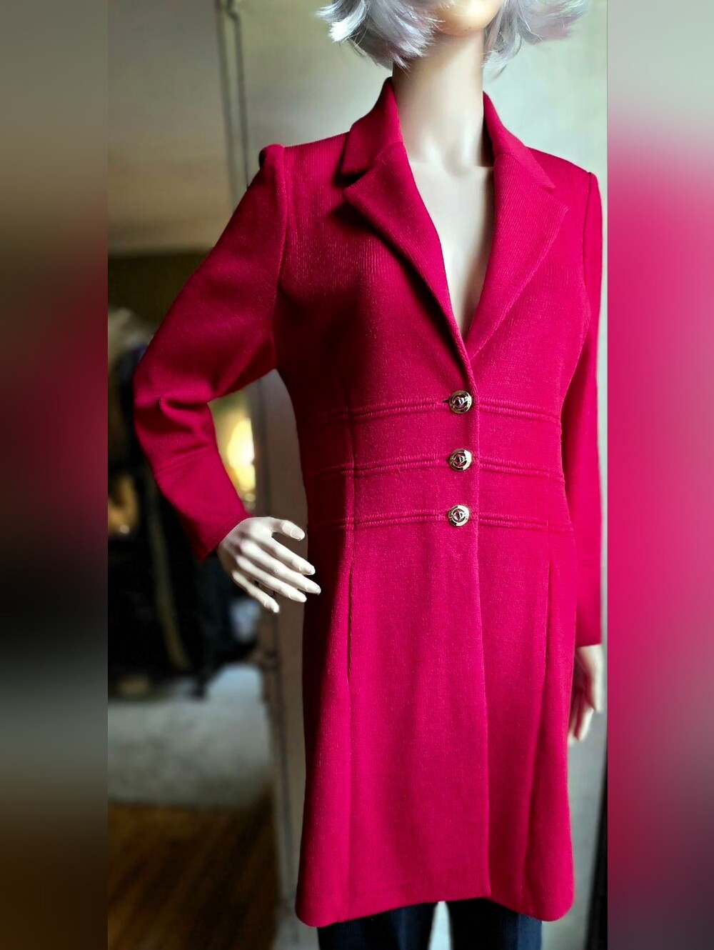 St John Collection Marie Gray Red Long Knit Jacket Coat Gold Buttons Sz 6